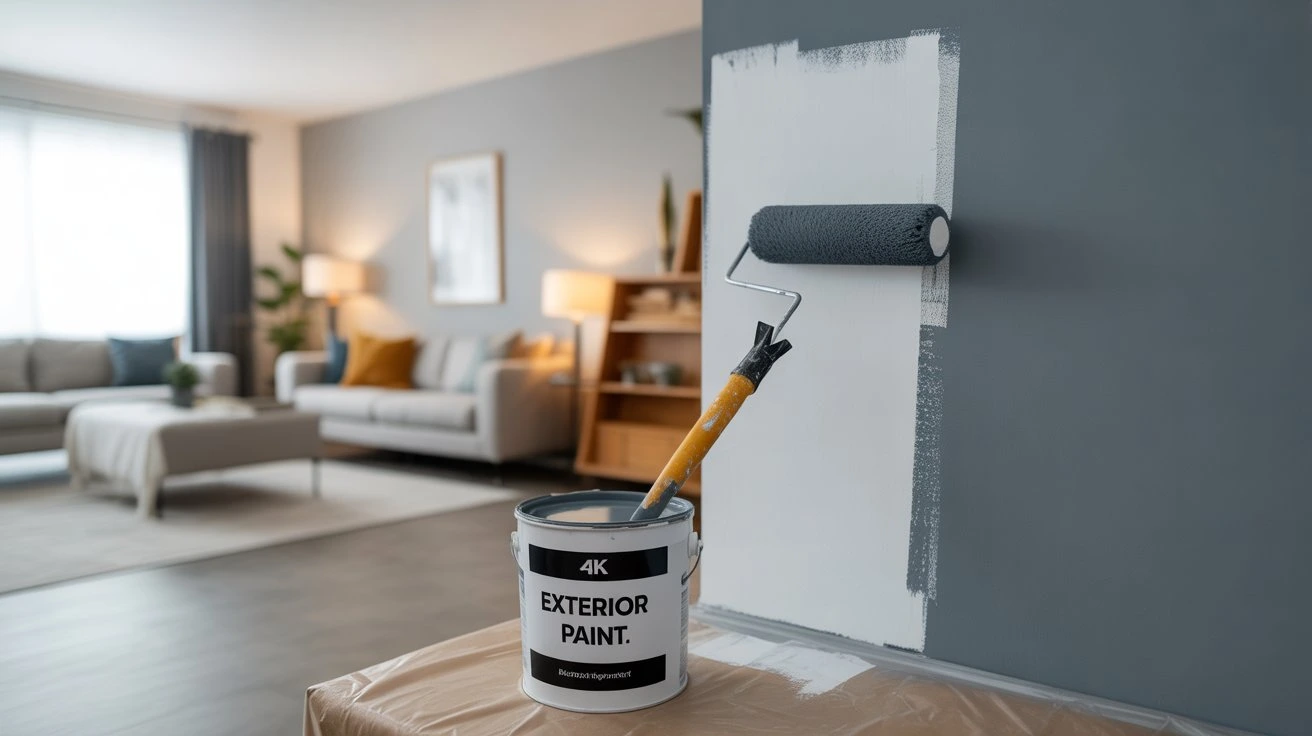 A paint roller applying white exterior paint on an interior wall in a modern living room, illustrating the use of exterior paint indoors.