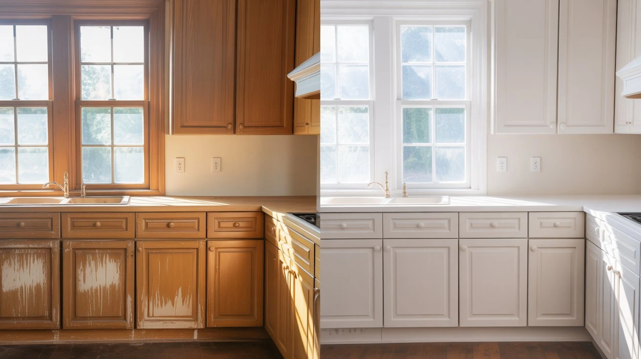 Before and after painting kitchen cabinets — left side showing old wooden cabinets and right side showing freshly painted white cabinets in a bright modern kitchen.