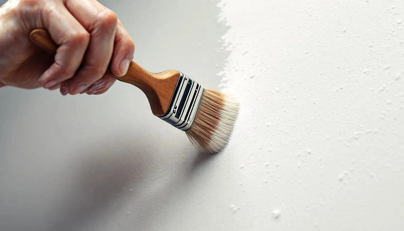 A close-up of a painter applying two coats of white paint on an interior wall, showing even texture and smooth coverage, modern home interior, detailed brush strokes, professional painting process.