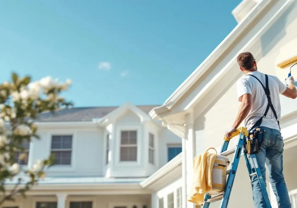 A professional painter painting a beautiful suburban home exterior in daylight, using a roller on a ladder. The house has clean siding, white trim, and a blue sky background. Include painting tools like brushes, buckets, and drop cloths neatly arranged nearby. The scene should look realistic, clean, and vibrant, showcasing fresh paint with attention to detail. No text or logos on the image. High-resolution, natural lighting, and professional photography style.